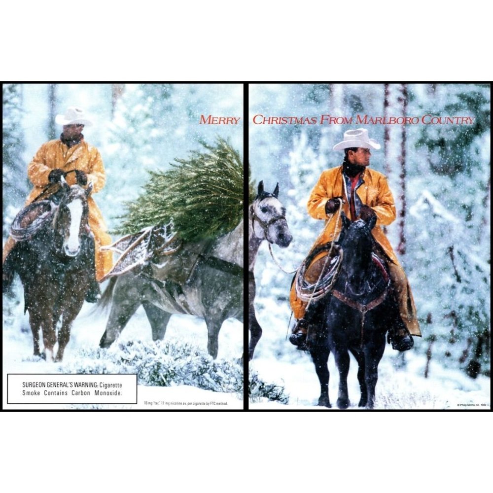 1994 Marlboro Cigarettes Christmas Tree Horses 2 Page Vintage Print Ad Wall Art